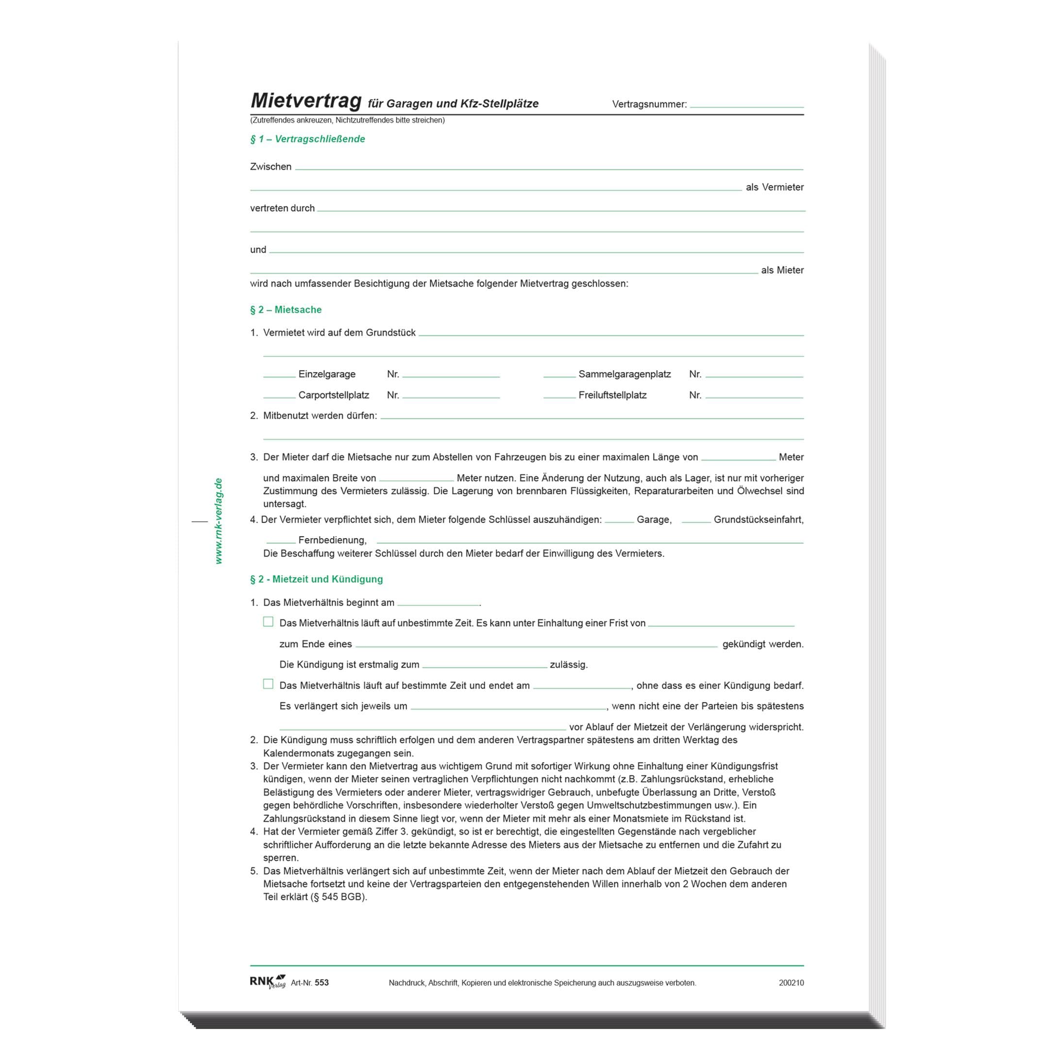 Rnk, Formulier, 10 RNK-Verlag 553/10 Huurovereenkomsten voor garages
