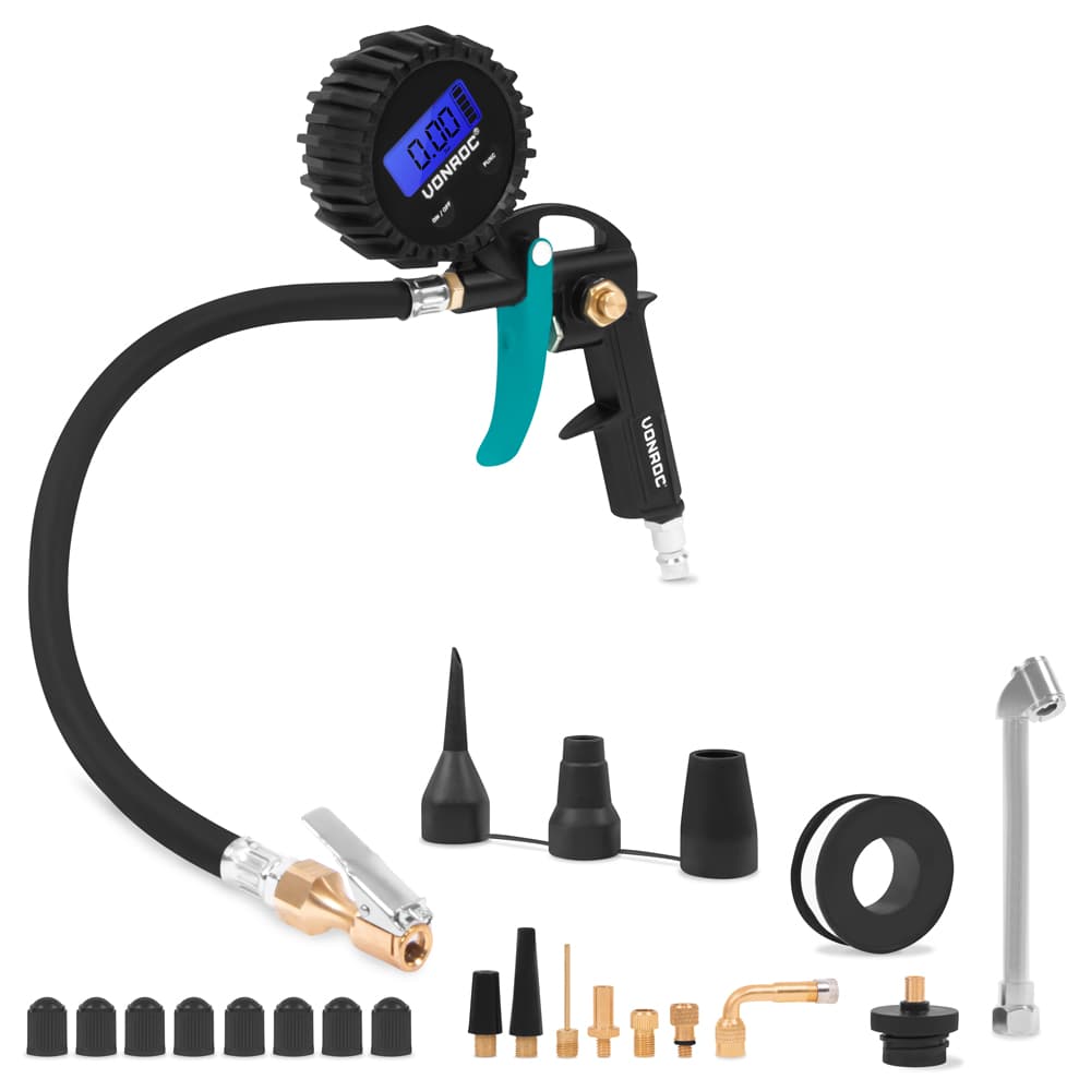 PRO Bandenpomp – 3-in-1: pompen, druk meten en ontluchten – digitale manometer | incl. accessoires