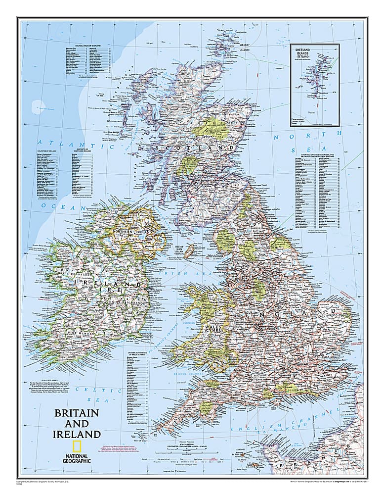 Wandkaart Britain and Ireland - Groot Brittannië en Ierland 60 x 76 cm | National Geographic | National Geographic
