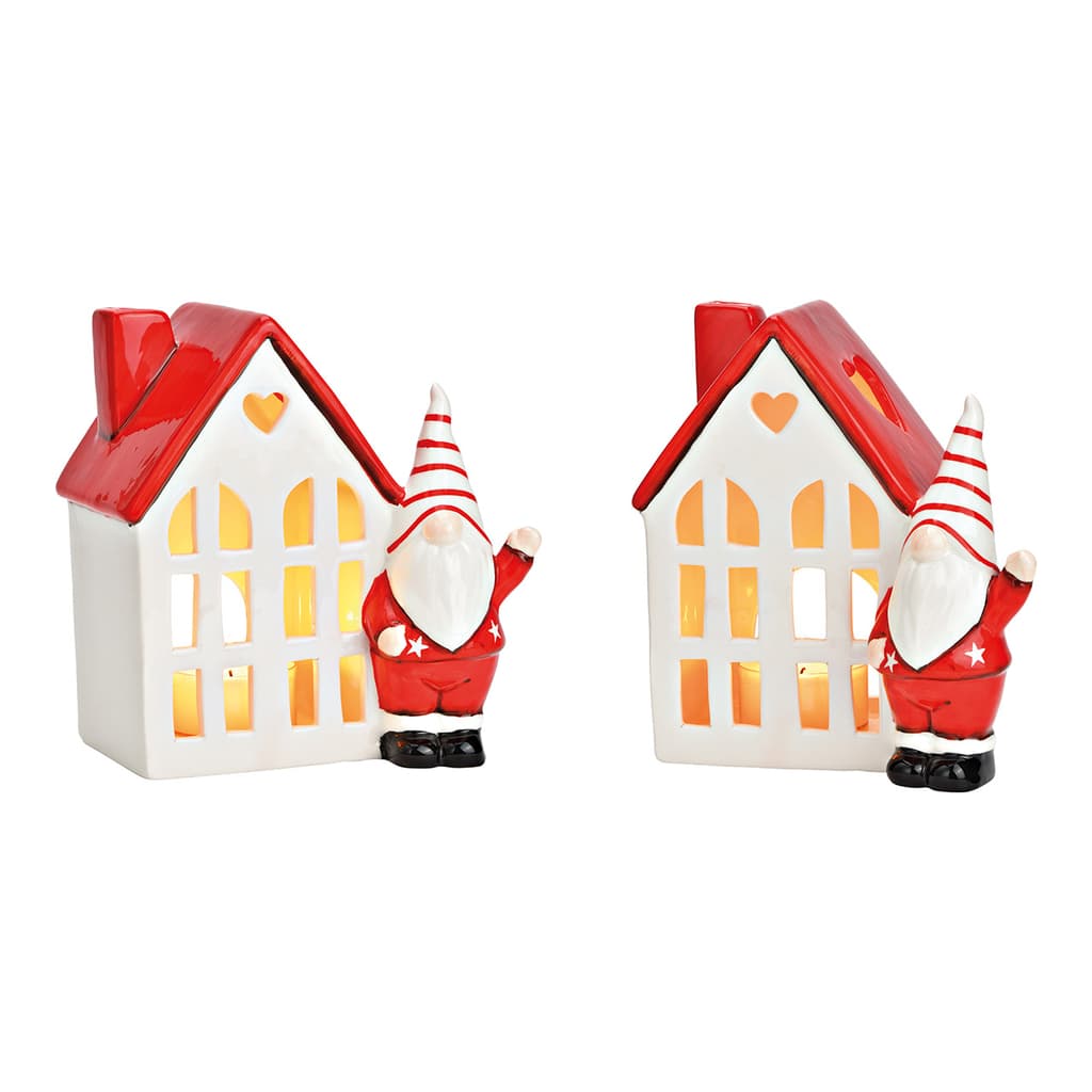 Theelichthuis met keramische kabouter, rood/wit (B/H/D) 18x18x12cm