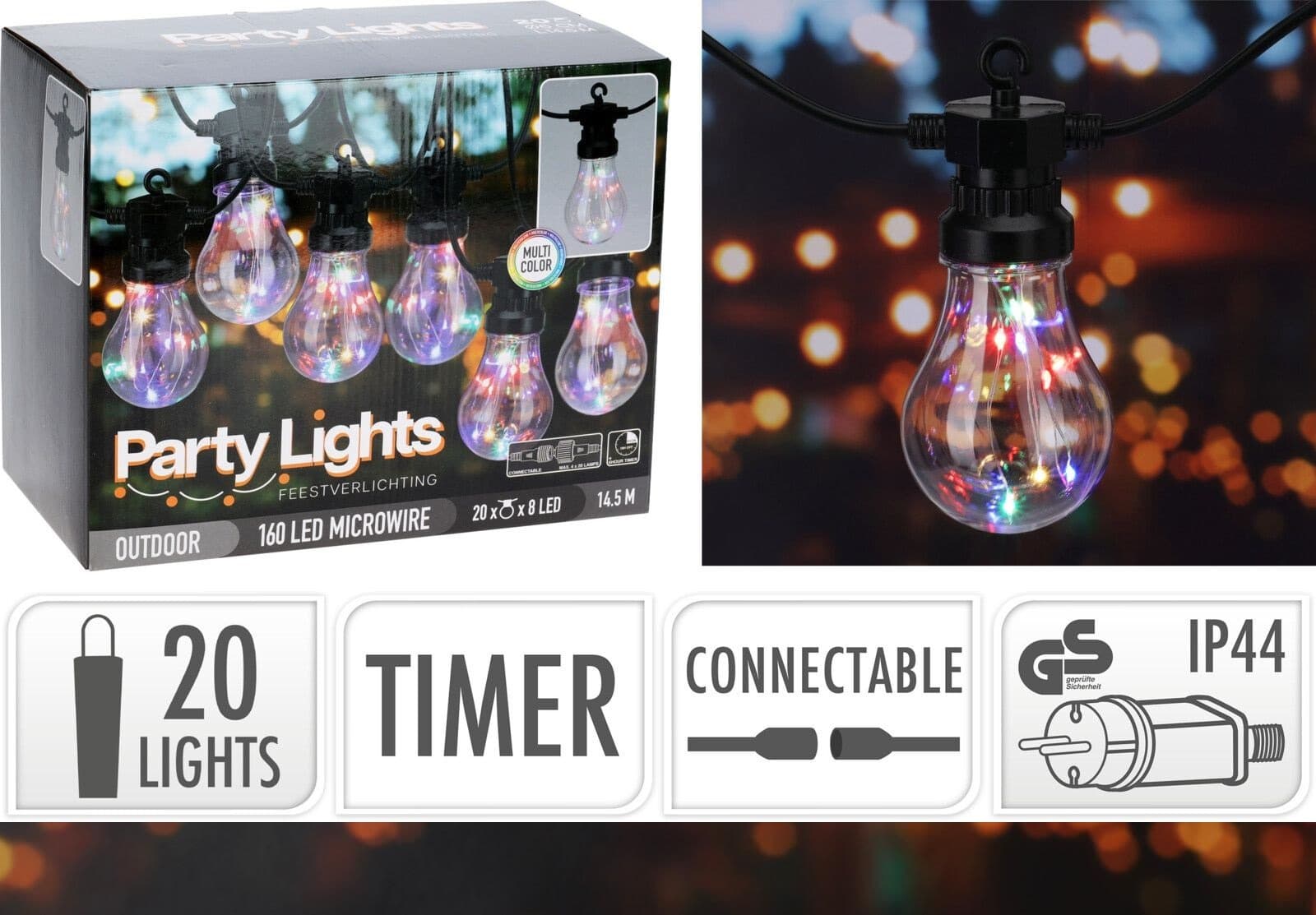 Feestverlichting met 20 multi colour lampen koppelbaar Zwart