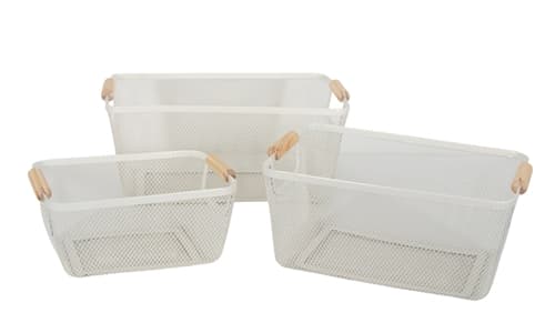 Wire basket set - 3 white wire baskets with wooden handles - Modern storage baskets