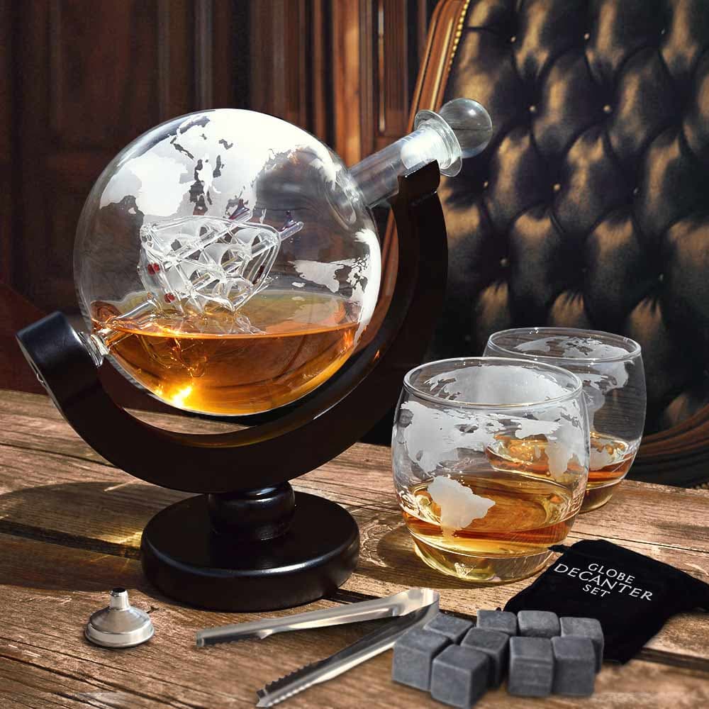 Globe Decanter Set - Incl. 2 Whiskey Glazen en Whiskey Stones