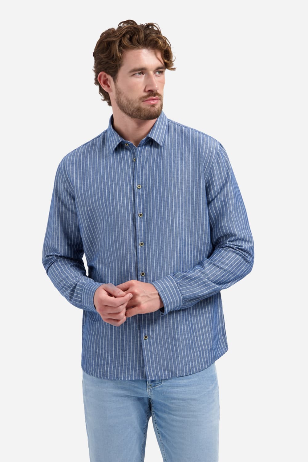 NO-EXCESS blauwe heren overhemd | Punt kraag | Regular fit | Streep patroon | Knoopsluiting | Lange mouw