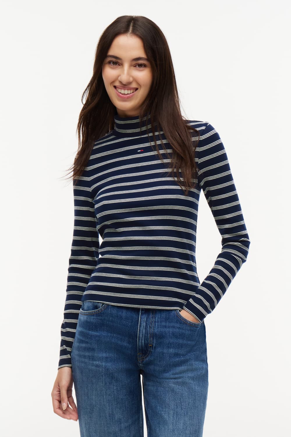 Tommy Jeans blauwe dames t-shirt | High neck halslijn | Slim Fit | Streep patroon | Lange mouw