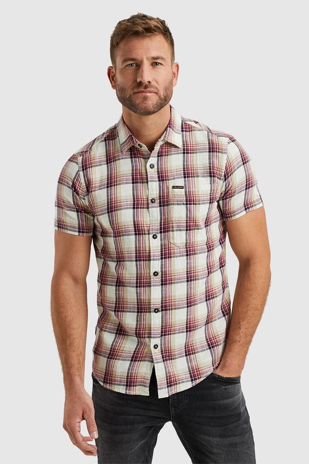 PME legend beige heren overhemd | Punt kraag | Regular fit | Steekzakken | Geblokt patroon | Duurzaam | Korte mouw
