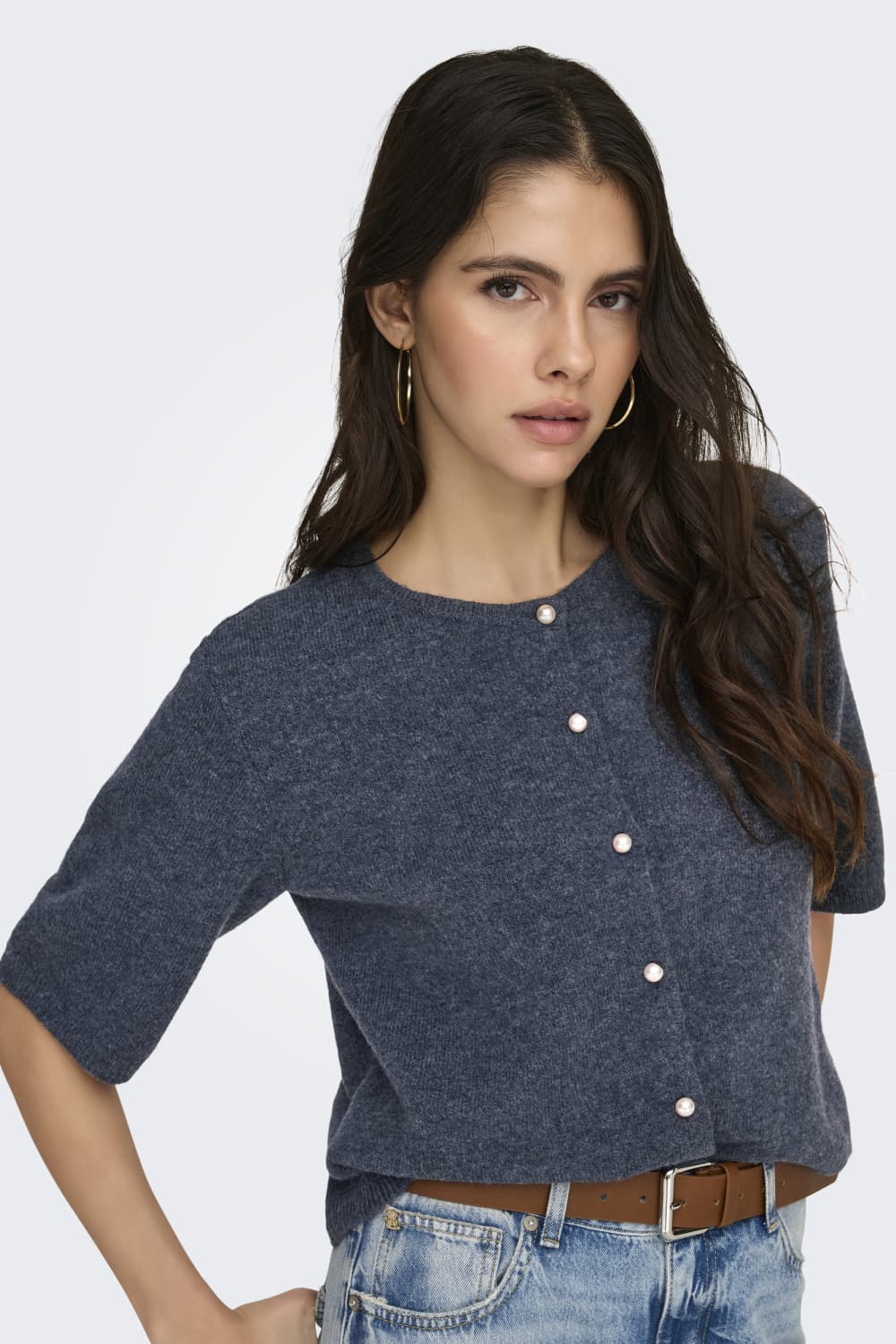 Jacqueline de Yong blauwe dames vest | Ronde hals | Regular fit | Gemeleerd patroon | Knoopsluiting | Duurzaam | 3/4 mouw