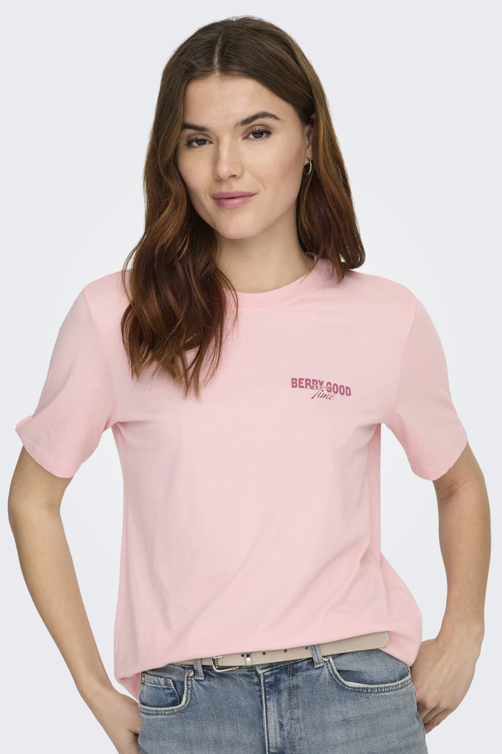 Only roze dames t-shirt | Ronde hals | Regular fit | Geen zakken | Fruit patroon | Duurzaam | Korte mouw