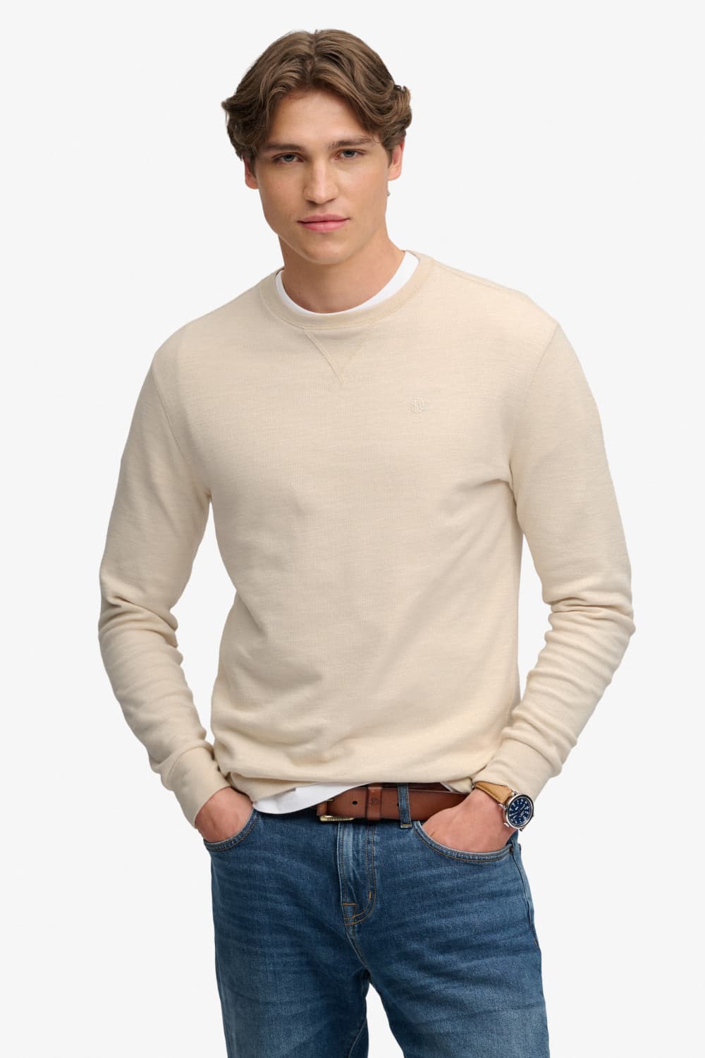 Superdry beige heren t-shirt | Ronde hals | Regular fit | Structuur patroon | Duurzaam | Lange mouw