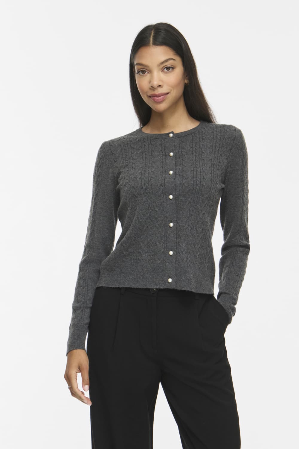 Vila grijze dames vest | Ronde hals | Regular fit | Structuur patroon | Knoopsluiting | Lange mouw