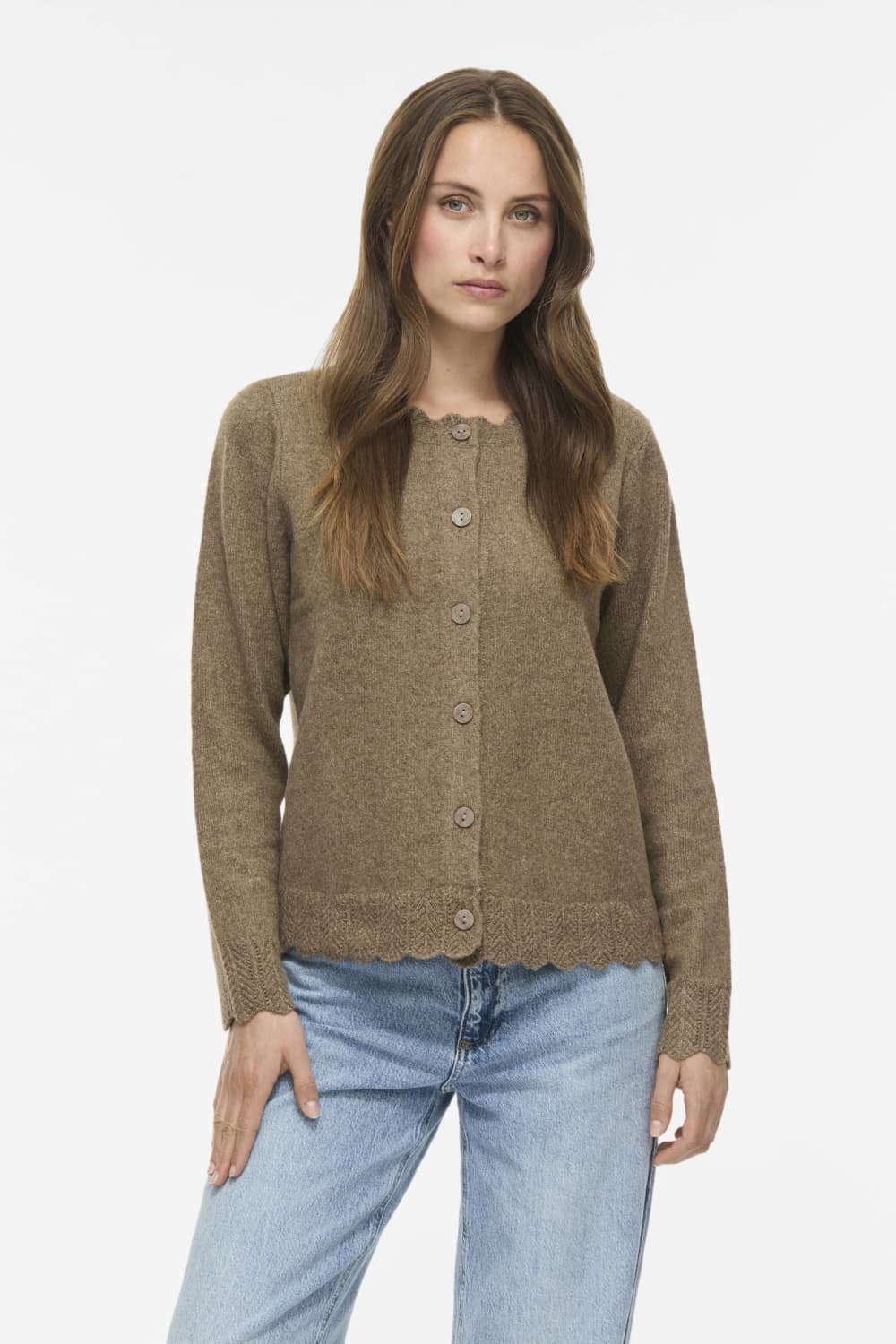 Vila camel dames vest | Ronde hals | Regular fit | Geen zakken | Gemeleerd patroon | Knoopsluiting | Duurzaam | Lange mouw