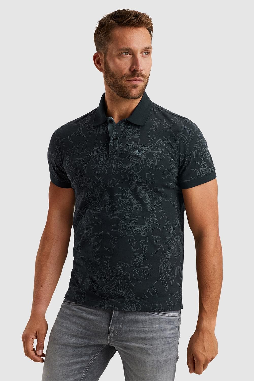 PME legend blauwe heren polo | Rib kraag | Regular fit | Geen zakken | Grafisch patroon | Knoopsluiting | Duurzaam | Korte mouw