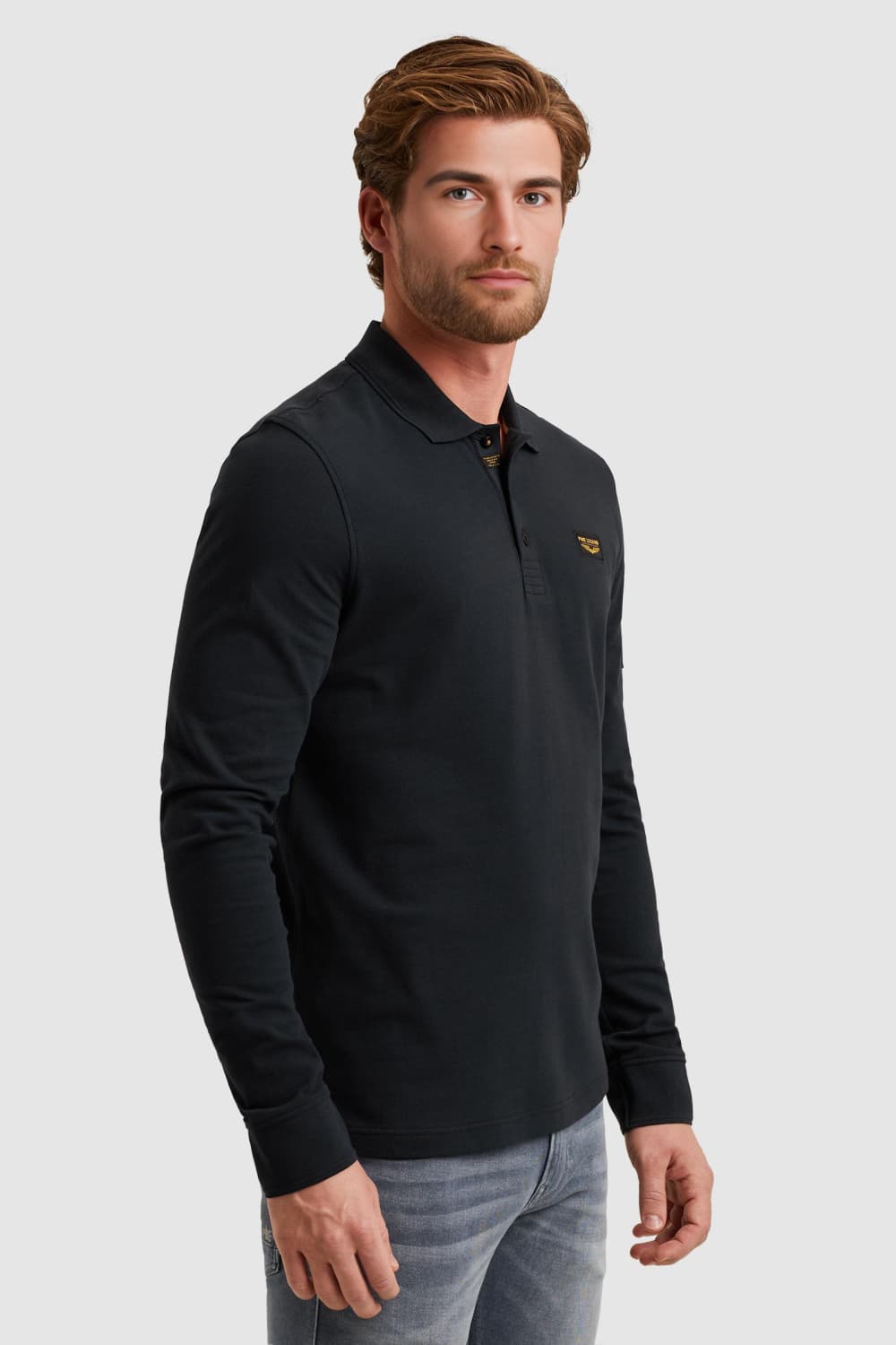 PME legend blauwe heren polo | Rib kraag | Regular fit | Knoopsluiting | Duurzaam | Lange mouw