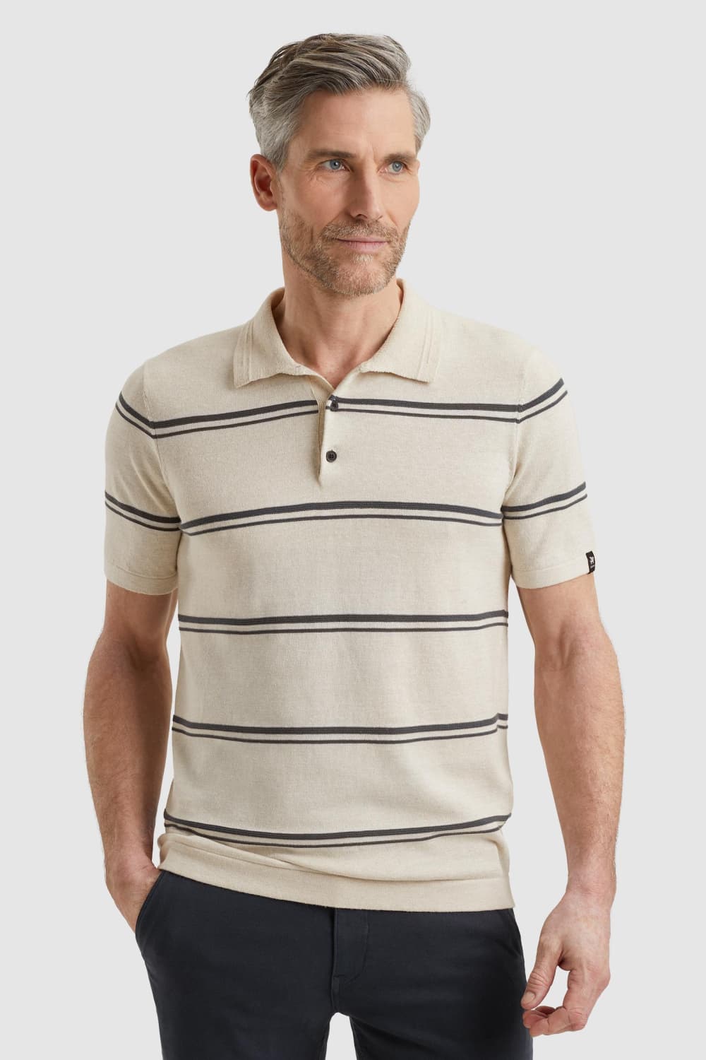 Vanguard beige heren polo | Punt kraag | Regular fit | Geen zakken | Streep patroon | Knoopsluiting | Duurzaam | Korte mouw