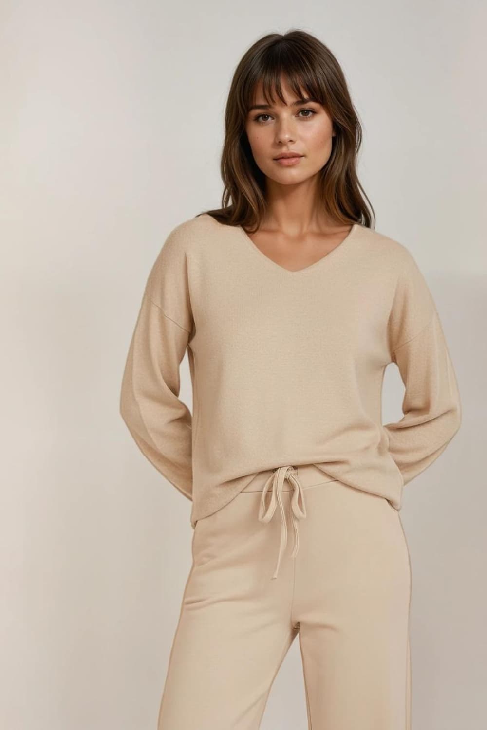 FOS Amsterdam beige dames t-shirt | V-hals | Regular fit | Geen zakken | Gemeleerd patroon | Lange mouw