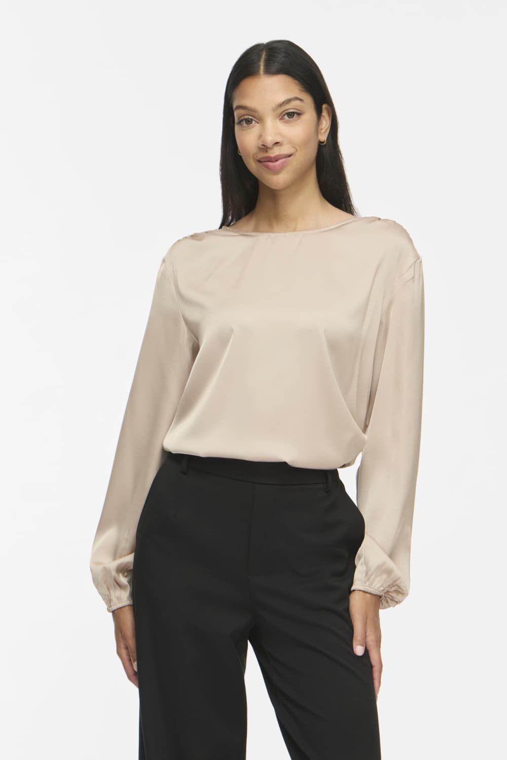 Vila beige dames t-shirt | Ronde hals | Regular fit | Glans | Knoopsluiting | Duurzaam | Lange mouw
