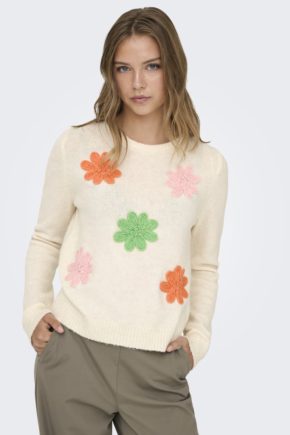 Only beige dames trui | Ronde hals | Regular fit | Bloemen patroon | Duurzaam | Lange mouw
