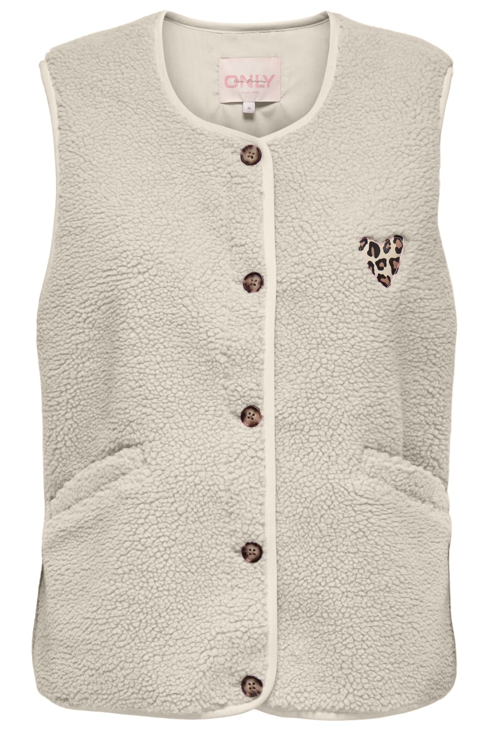 Only beige dames vest | Ronde hals | Regular fit | Paspelzakken | Teddy patroon | Knoopsluiting | Mouwloos