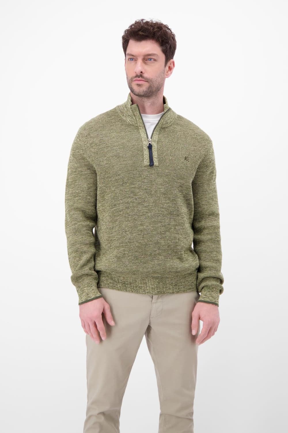 Lerros groene heren trui | High neck halslijn | Regular fit | Geen zakken | Structuur patroon | Ritssluiting | Duurzaam | Lange mouw