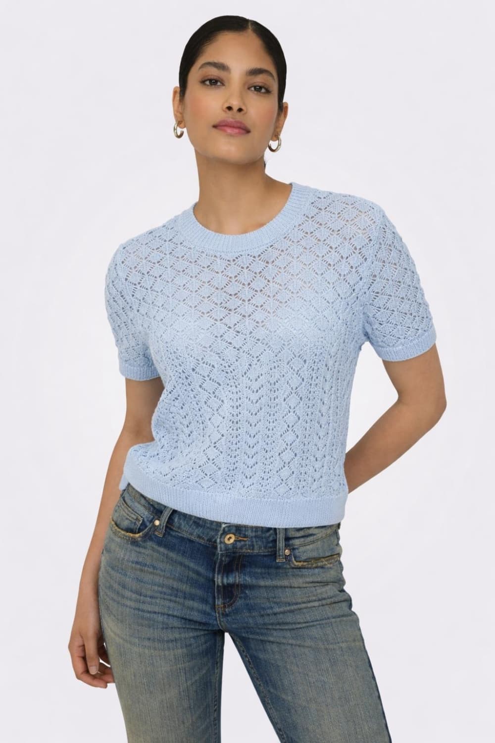 Only blauwe dames t-shirt | Ronde hals | Regular fit | Structuur patroon | Korte mouw