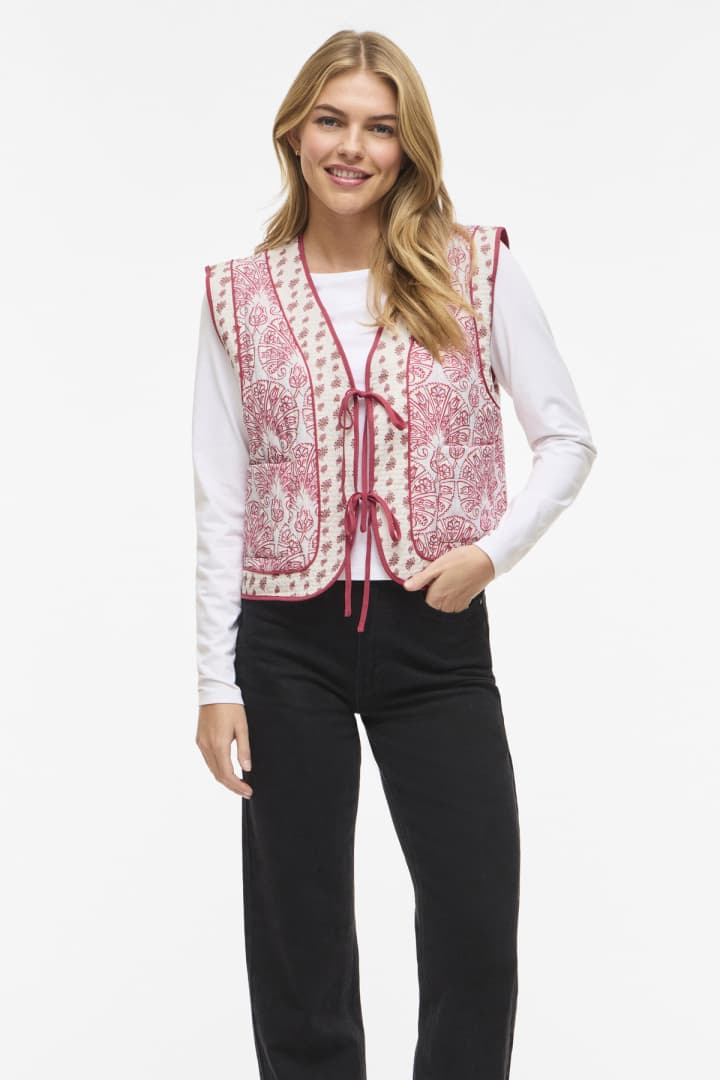 Vila beige dames vest | V-hals | Regular fit | Steekzakken | Grafisch patroon | Strikkoordsluiting | Duurzaam | Mouwloos