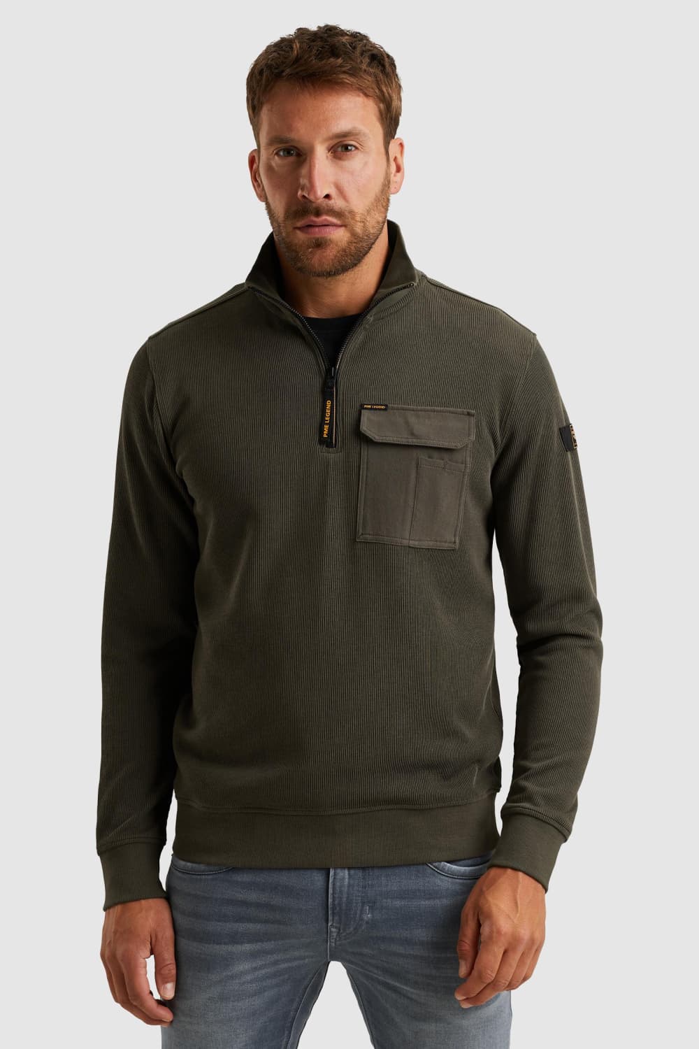 PME legend groene heren trui | High neck halslijn | Regular fit | Borstzakken | Structuur patroon | Ritssluiting | Duurzaam | Lange mouw