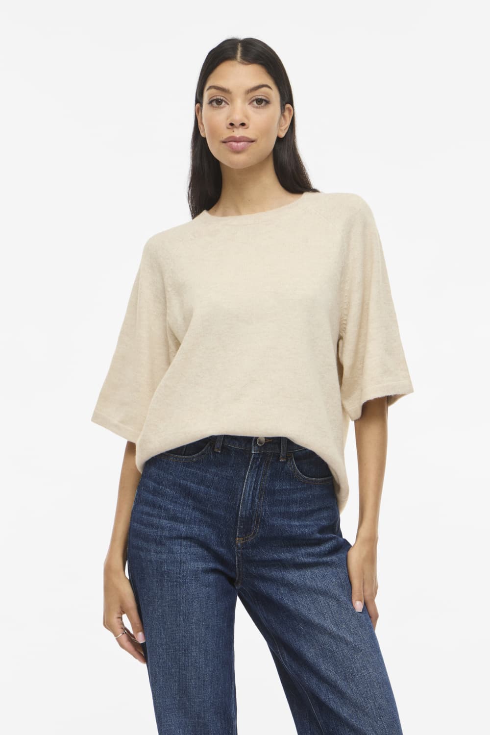 Vila beige dames trui | Ronde hals | Regular fit | Gemeleerd patroon | Duurzaam | Korte mouw