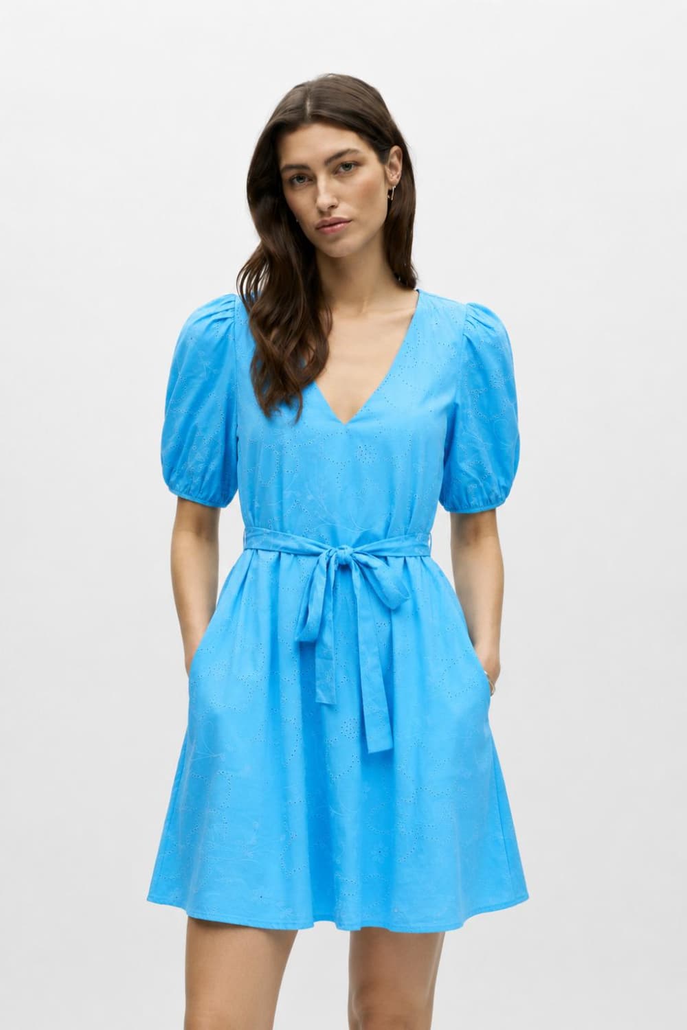 Object blauwe dames jurk | V-hals | Regular fit | Ajour patroon | Korte mouw