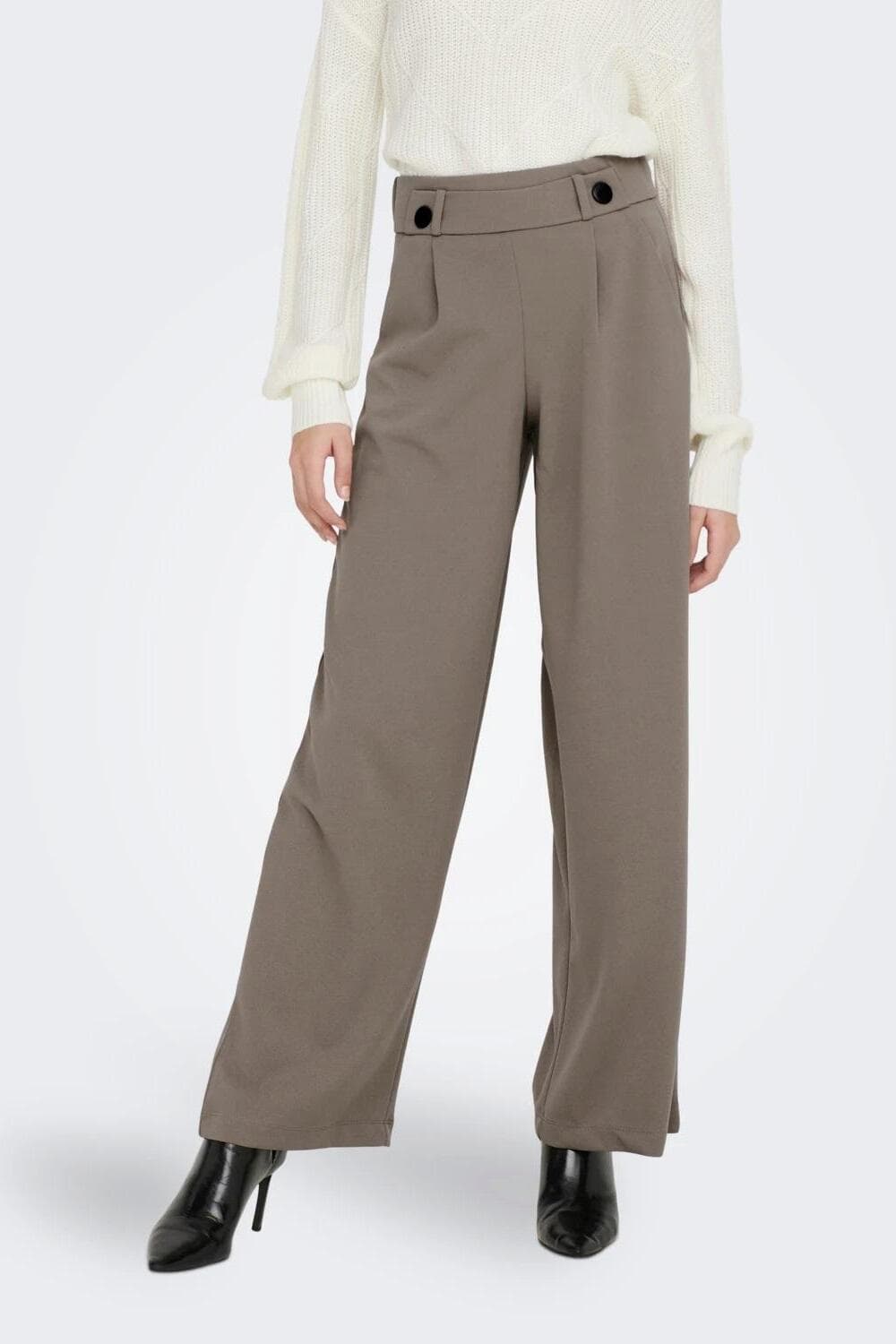 Jacqueline de Yong taupe dames broek | Wide leg fit | Steekzakken | Elastische boord | Regular waist