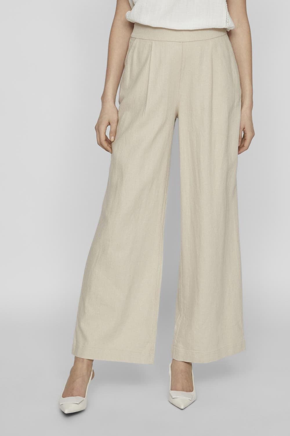 Vila beige dames broek | Straight fit | Steekzakken | Structuur patroon | Elastische boord | High waist