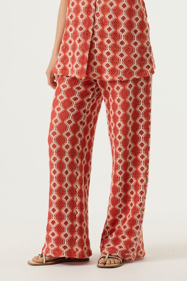 Garcia rode dames broek | Wide leg fit | Structuur patroon | Elastische boord | Regular waist