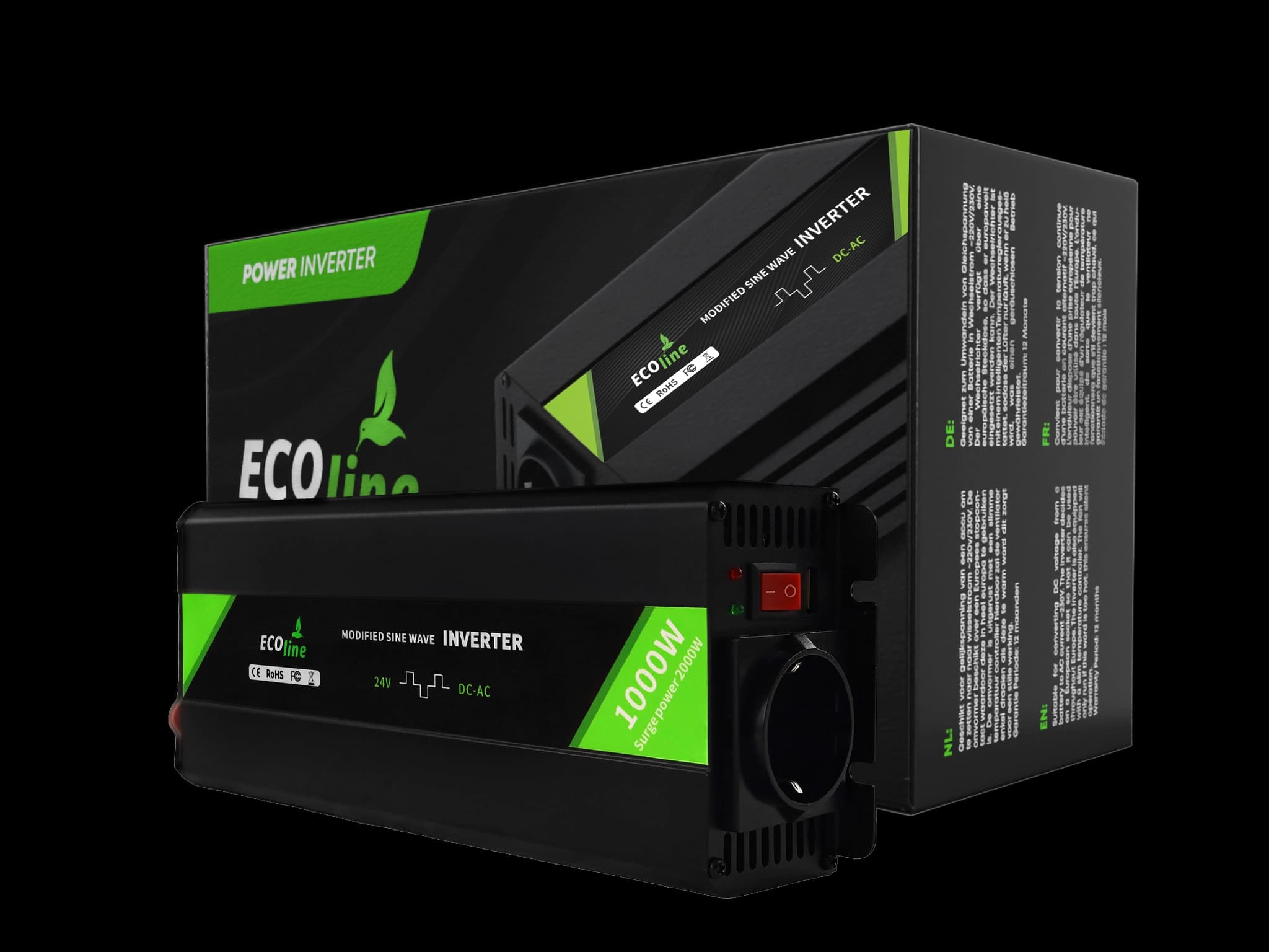 EcoLine 24V naar 230V Omvormer - 1000W Continu / 2000W Piek - Gemodificeerde Sinusgolf - Auto Omvormer voor Camper en Caravan