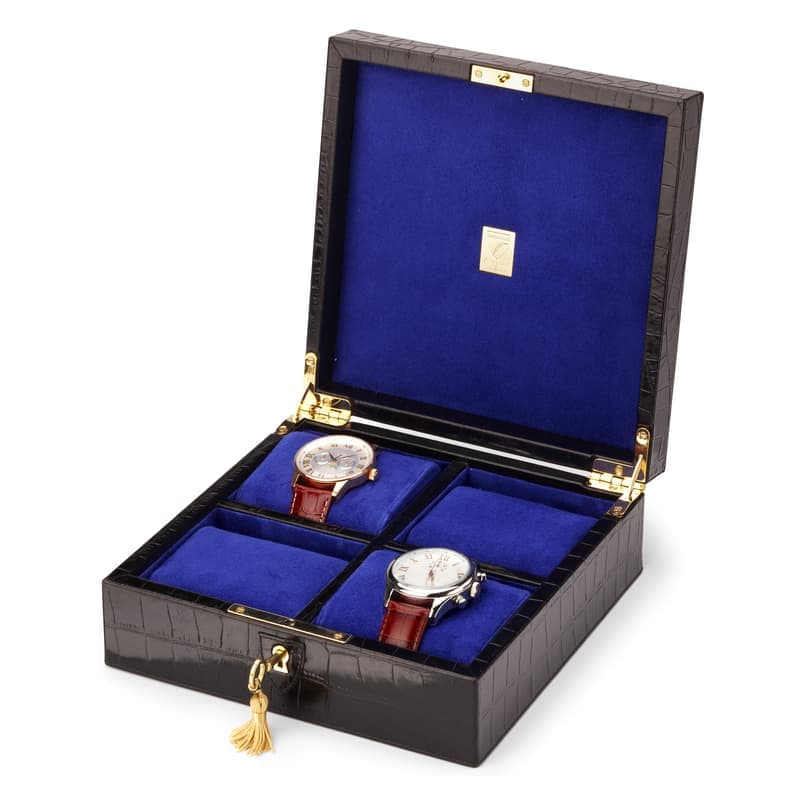 Aspinal of London Harrison Four Piece Watch Box in Black Croc & Cobalt Blue Suede
