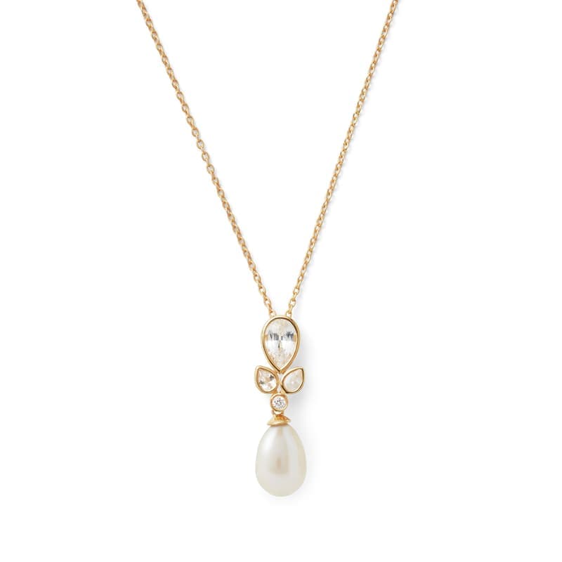 Aspinal of London Floral Necklace with White Sapphire, Diamond & Pearl in 14ct Gold