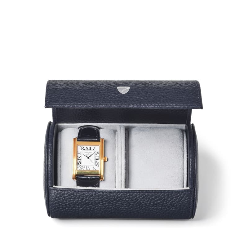 Aspinal of London Double Watch Roll in Navy Pebble
