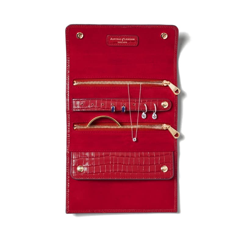 Aspinal of London Travel Jewellery Roll in Deep Shine Cherry Red Small Croc