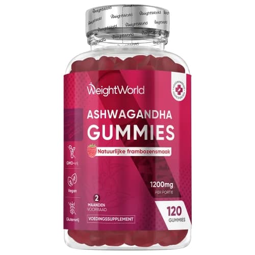 Ashwagandha gummies - 1200 mg - 120 gummies - Met frambozensmaak - Tegen stress en om te ontspannen