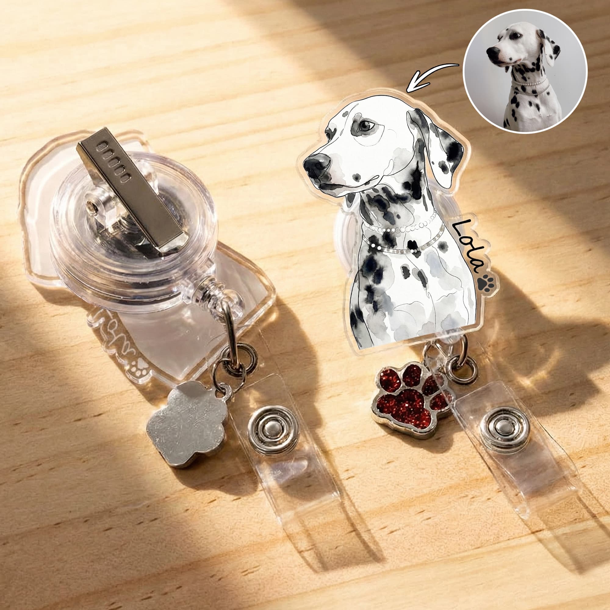 Gepersonaliseerde aquarel 1-3 huisdier foto's Intrekbare ID-kaart Badge Reel met naam en glitter Paw Charm Verjaardagscadeau voor medisch personeel