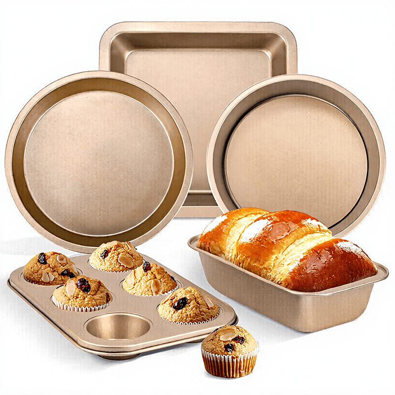 BJ bakgereedschap complete bakvormset met pizzaplaat, toastvorm en muffin-ovenvorm, goudkleurige 5-delige set