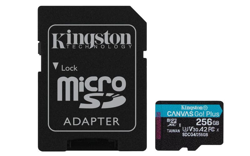 Kingston Technology 256 GB microSDXC Canvas Go Plus Gen4 200 MB/s A2 U3 V30 kaart + adapter