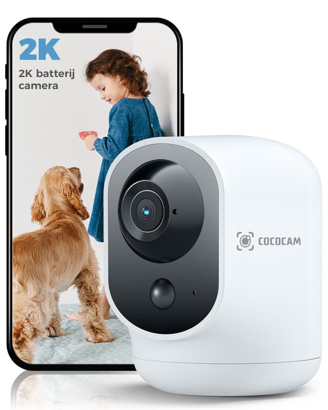 COCOCAM 2K draadloze beveiligingscamera voor binnen met pan/tilt, 5200 mAh batterij, geschikt voor babyfoon, huisdieren en huisbeveiliging,