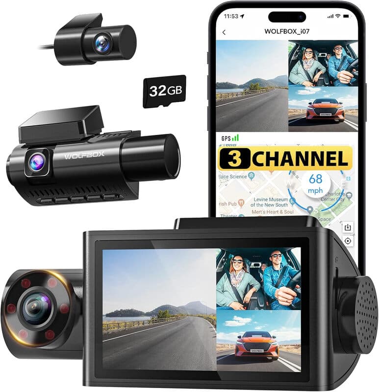 WOLFBOX i07 3-kanaals dashcam met ingebouwde wifi en GPS, 4K-dashcamera voor de voor- en binnenkant, 1440P+1080P+1080P drievoudige autokamera met