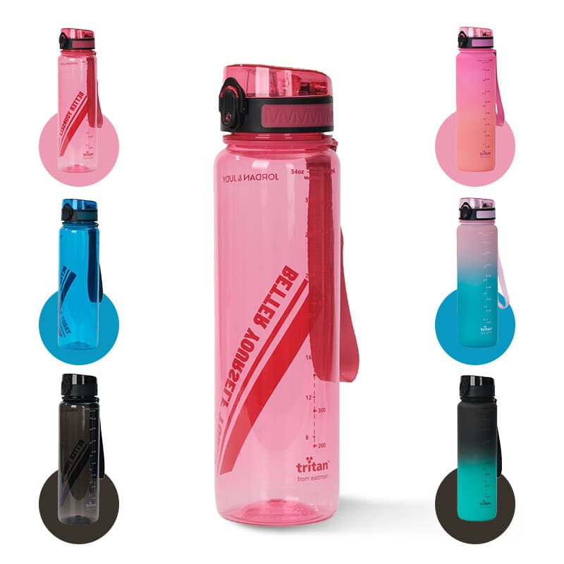 JORDAN & JUDY Tritan Sportwaterfles met handvat - Duurzaam Rozerood, 1000ml
