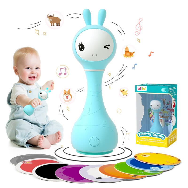 Alilo Smarty Bunny Baby Rammelaar Muzikaal Speelgoed met Licht voor Baby’s 0+ Maanden Jongenscadeau, 5 Muziekmodi en Kleurenherkenningsfunctie met 9