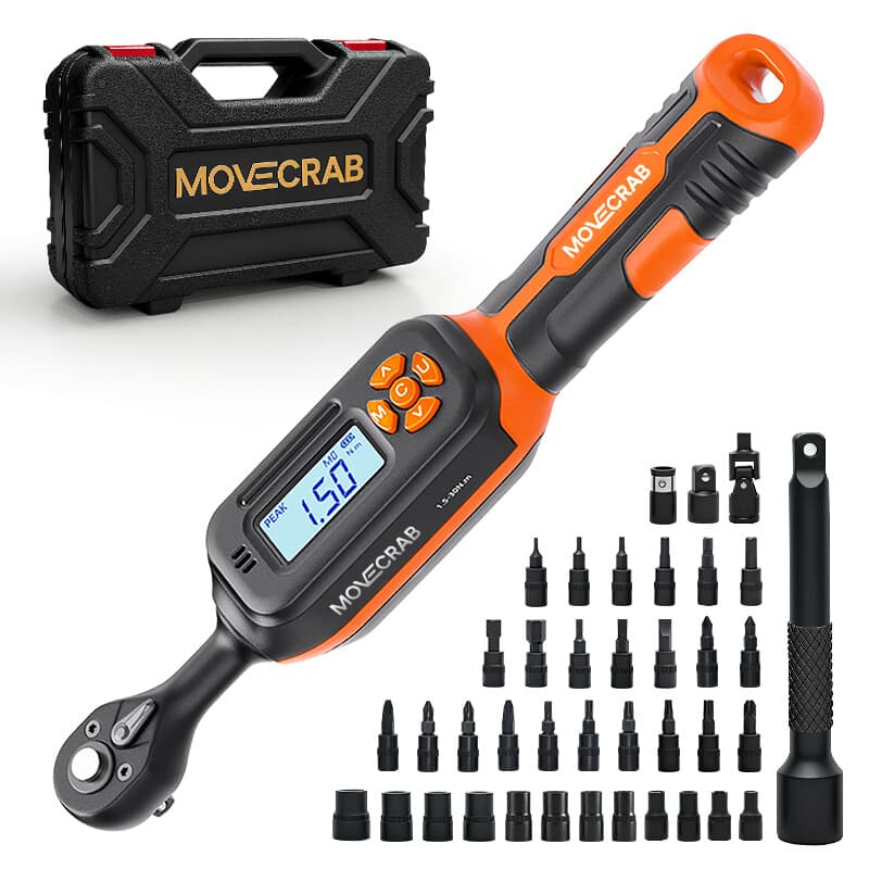 MoveCrab digitale momentsleutel 1/4" aandrijving 1,5-30 Nm/1-22 ft-lb met 40-delige doppenset, LED-display en geluidssignaal voor fietsen en