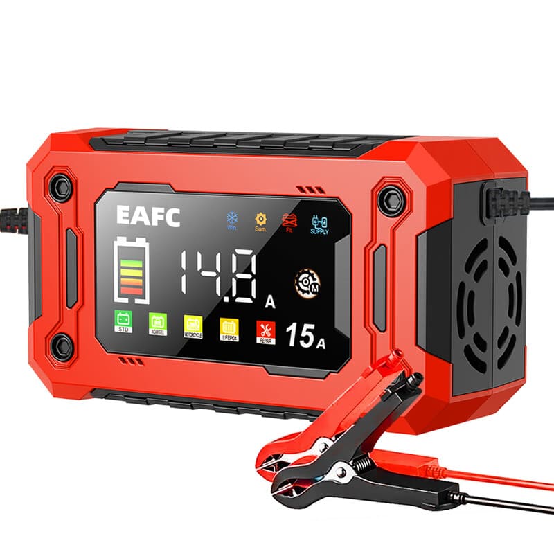 East End 12V 15A autobatterijlader met groot scherm en plus-repairfunctie voor auto, moto en SUV, geschikt voor lithium, AGM, loodzuur en gel