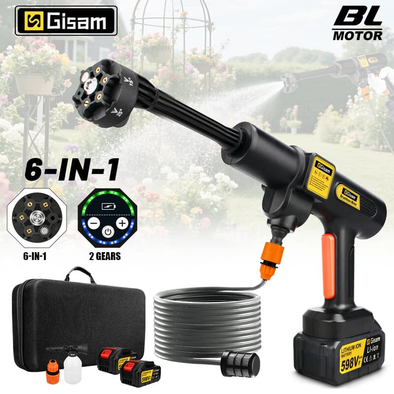 Gisam accu hogedrukreiniger, max. 507 psi, met 2 x 3000 mAh batterijen, schuimspuit, 6-in-1 multifunctionele sproeikop en 180° draaibare sproeikop
