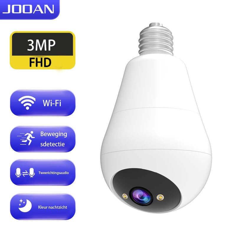 JOOAN HD 2K 3.0 MP Draadloze gloeilamp Beveiligingscamera met E27 Licht Connector, Motion Auto Tracking, 2-Weg Audio, Spotlight Nachtzicht