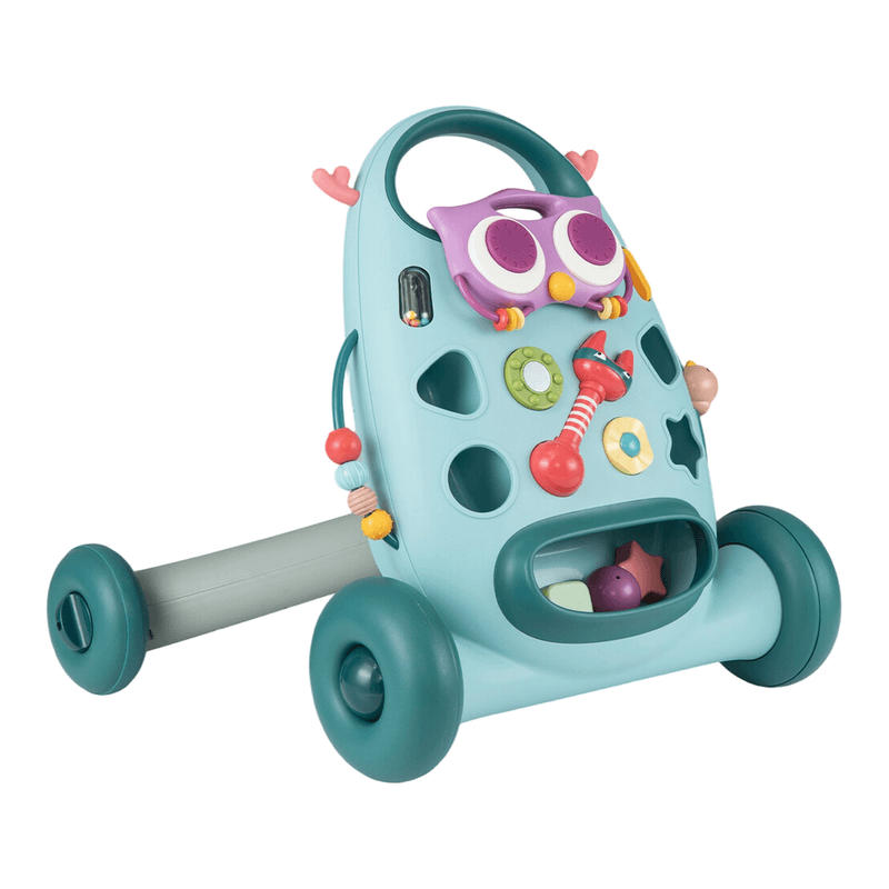 Babyloopwagen met afneembare ovale speelplaat en vormensorteerspeelgoed, blauw