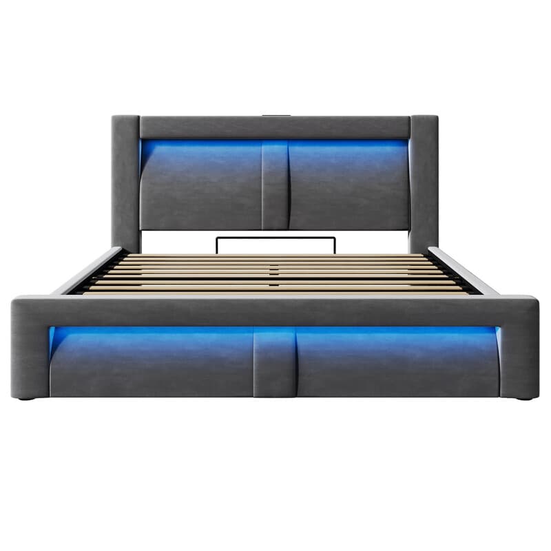 URBAN MEUBLE tweepersoonsbed 140x200 cm met opbergruimte, hydraulische heft, LED-verlichting, USB- en Type-C-poorten, gebogen hoofdbord, fluwelen